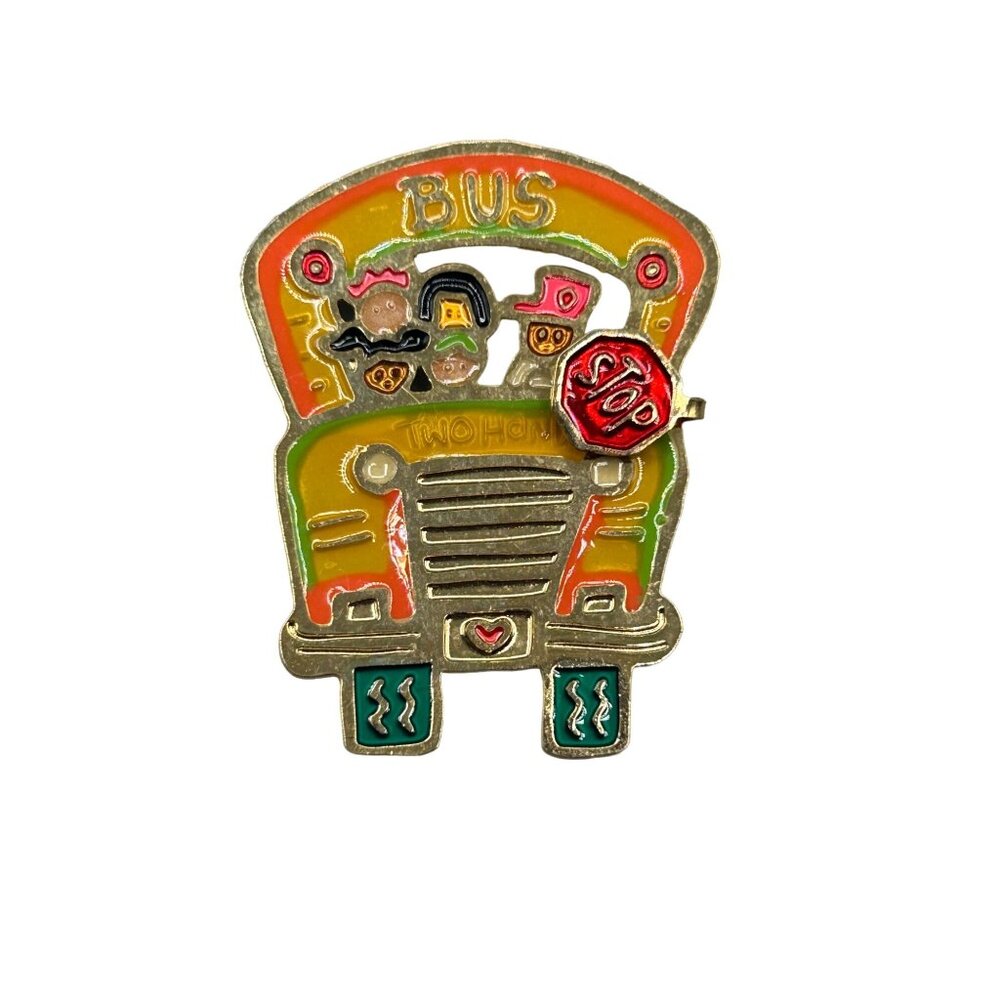 Vtg School Bus Pin Brooch Yellow Bus Driver Fun Pin Plique A Jour Style Enamel